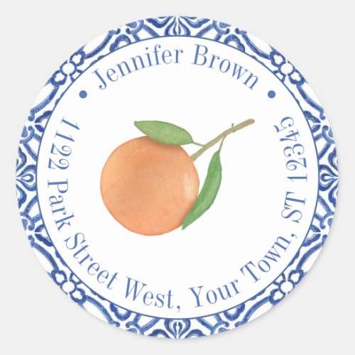 Blue And White Orange Mandarin Return Address Classic Round Sticker