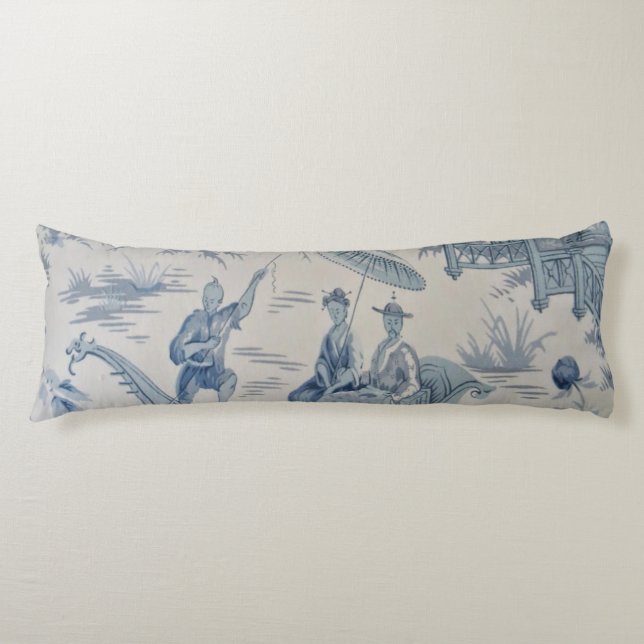 Blue and White Oriental Chinoiserie  Body Pillow (Front)
