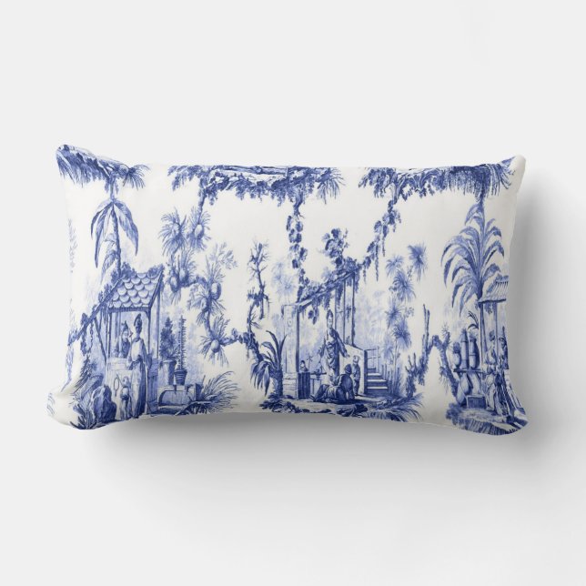 Blue and White Oriental Chinoiserie  Lumbar Pillow (Front)