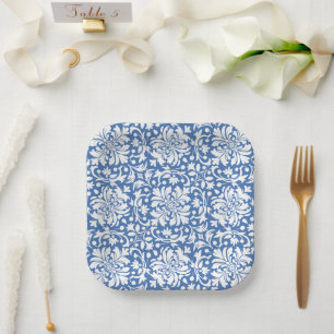 Blue and White Ornate Damask Tile Paper Plates