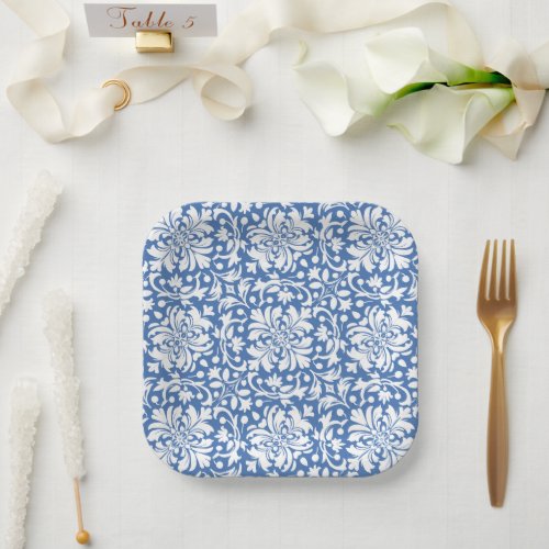 Blue and White Ornate Damask Tile Paper Plates