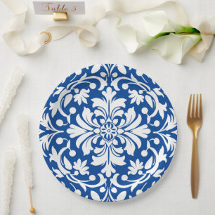Blue and White Ornate Damask Tile Paper Plates