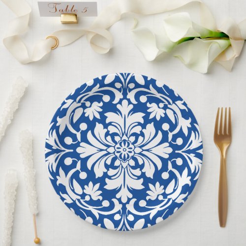 Blue and White Ornate Damask Tile Paper Plates