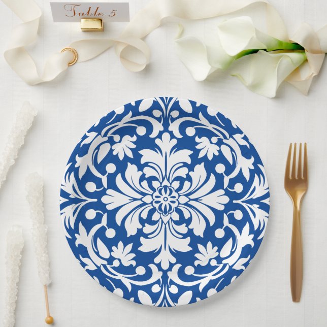 Blue and White Ornate Damask Tile Paper Plates (Wedding)