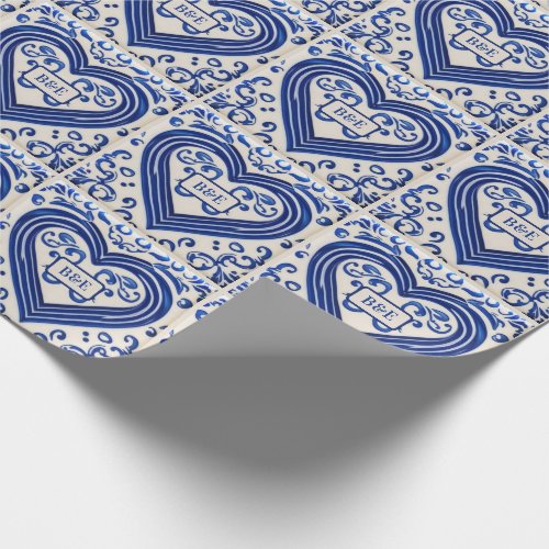 Blue and White Painted Tile Look _ Add initials to Wrapping Paper