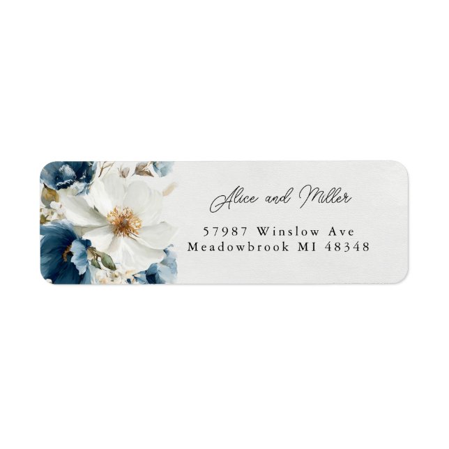 Blue and White Painterly Floral Wedding Label (Front)