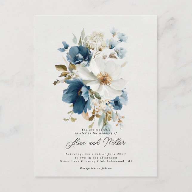 Blue and White Painterly Floral Wedding Postcard (Front)