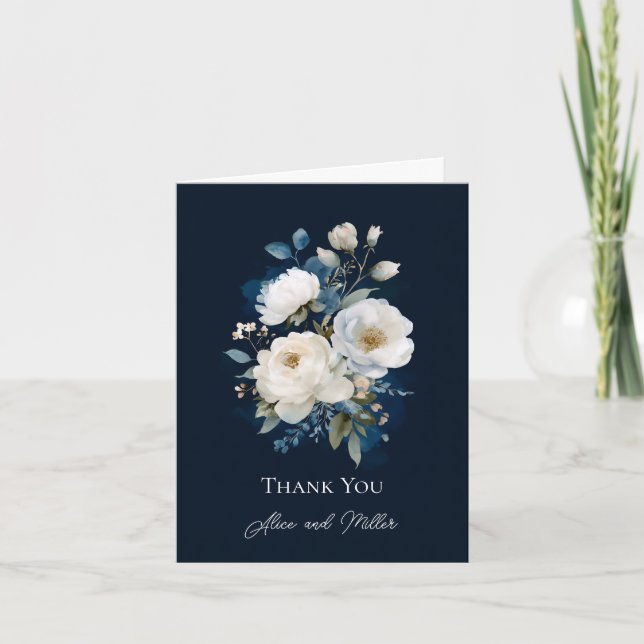 Blue and White Painterly Floral Wedding Thank You Invitation (Front)
