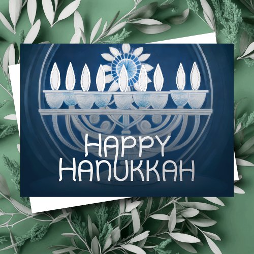 Blue and White Painting of Hanukkah Menorah Foil Holiday Card