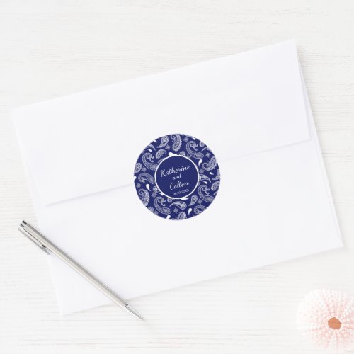 Blue and white paisley classic round sticker