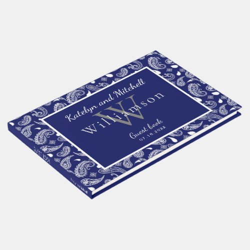 Blue and white paisley guest book