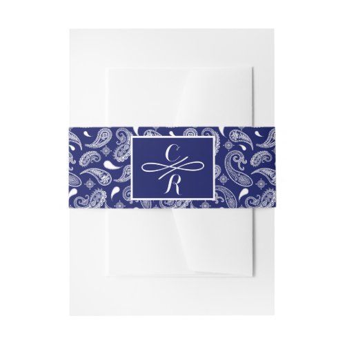 Blue and white paisley invitation belly band