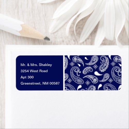 Blue and white paisley label