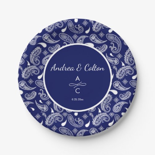 Blue and white paisley paper plates