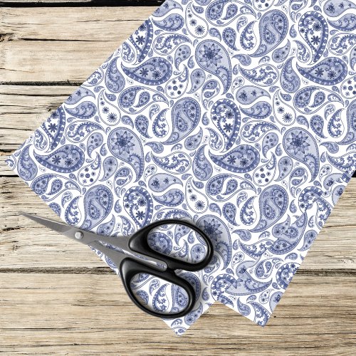 blue and white paisley pattern tissue paper