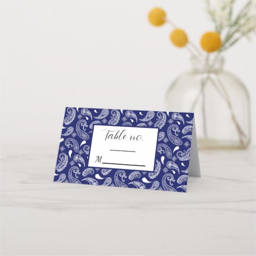 Blue and white paisley place card