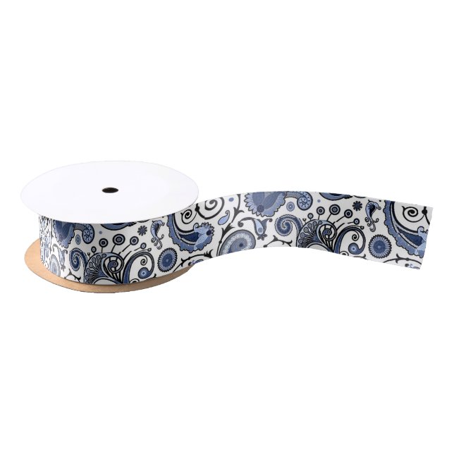 Blue and white paisley satin ribbon (Spool)