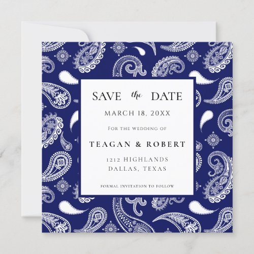 Blue and white paisley save the date 