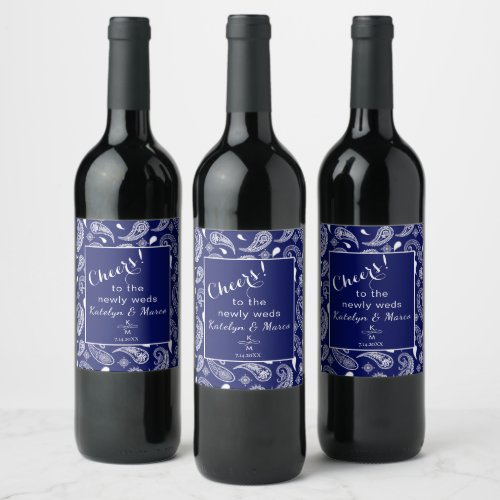 Blue and white paisley wine label