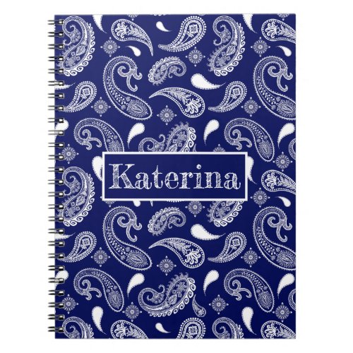 Blue and white paisley with name notebook