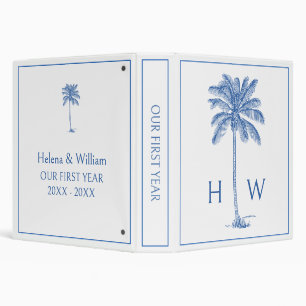 Blue and White Palm Palmetto Tree Monogram 3 Ring Binder