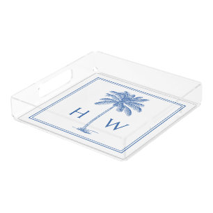 Blue and White Palm Palmetto Tree Monogram Acrylic Tray