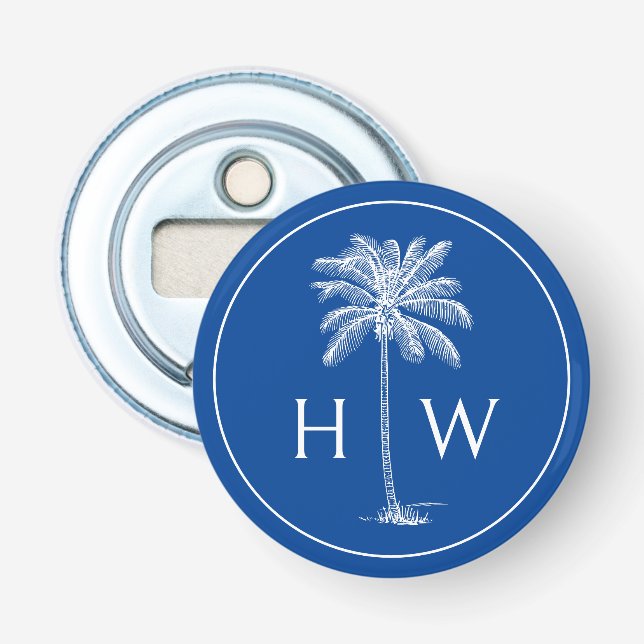 Blue and White Palm Palmetto Tree Monogram Bottle Opener (Front)