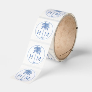 Blue and White Palm Palmetto Tree Monogram Classic Round Sticker