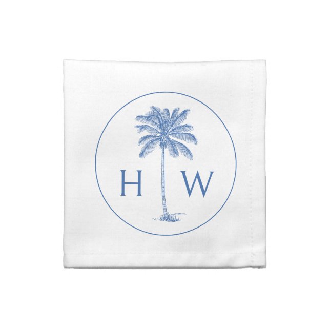 Blue and White Palm Palmetto Tree Monogram Cloth Napkin (Quarter Fold)