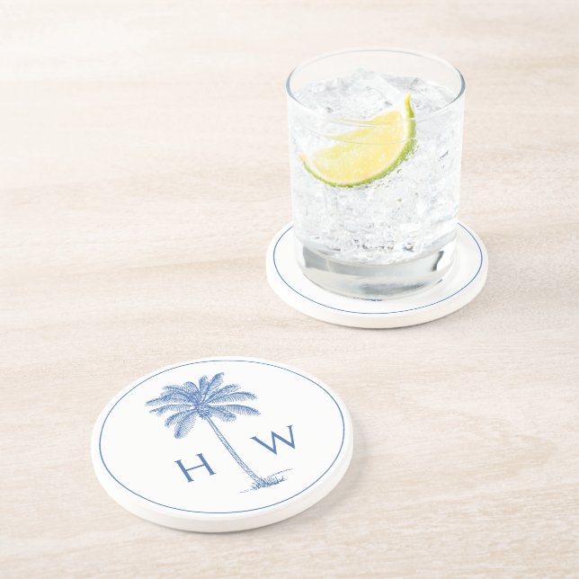 Blue and White Palm Palmetto Tree Monogram Coaster (Side)
