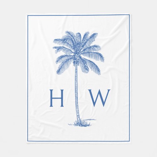 Blue and White Palm Palmetto Tree Monogram Fleece Blanket