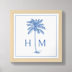Blue and White Palm Palmetto Tree Monogram Framed Art