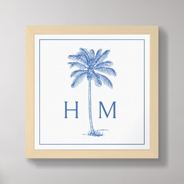 Blue and White Palm Palmetto Tree Monogram Framed Art (Framed Front)