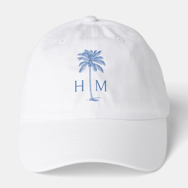 Blue and White Palm Palmetto Tree Monogram Hat (Front)