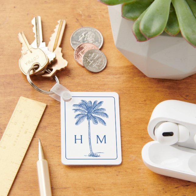 Blue and White Palm Palmetto Tree Monogram Keychain (Desk)