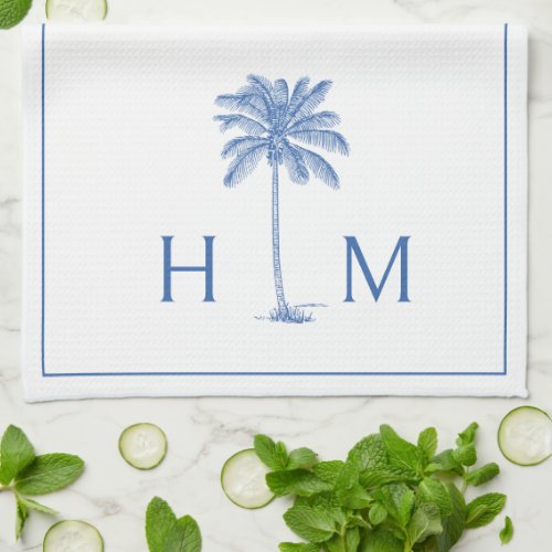 Blue and White Palm Palmetto Tree Monogram Kitchen Towel