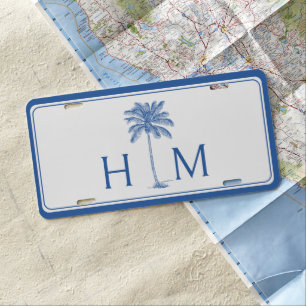 Blue and White Palm Palmetto Tree Monogram License Plate