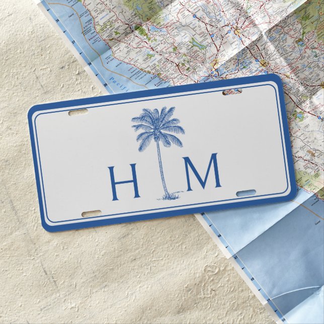 Blue and White Palm Palmetto Tree Monogram License Plate (In Situ)