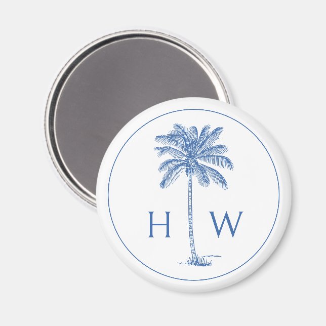 Blue and White Palm Palmetto Tree Monogram Magnet (Front/Back)