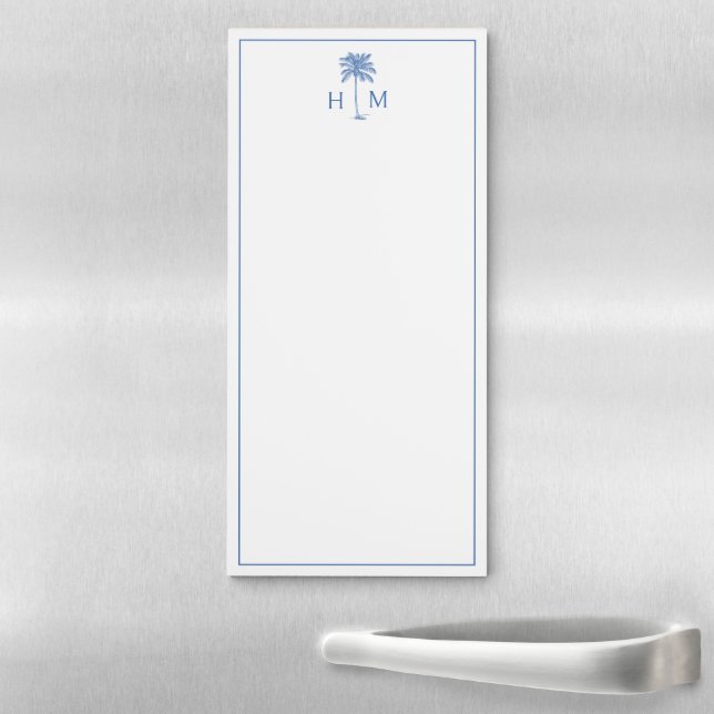 Blue and White Palm Palmetto Tree Monogram Magnetic Notepad (In Situ)