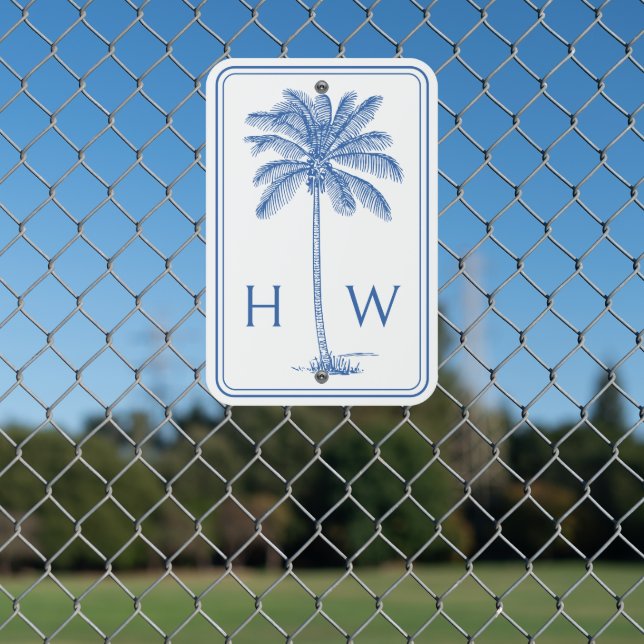 Blue and White Palm Palmetto Tree Monogram Metal Sign (In Situ(Fence))