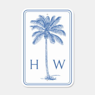 Blue and White Palm Palmetto Tree Monogram Metal Sign