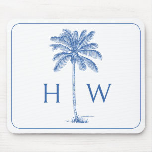 Blue and White Palm Palmetto Tree Monogram Mouse Pad
