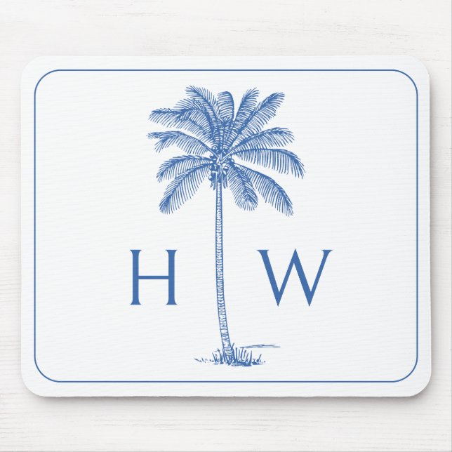 Blue and White Palm Palmetto Tree Monogram Mouse Pad (Front)