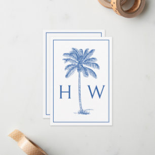 Blue and White Palm Palmetto Tree Monogram Note Card
