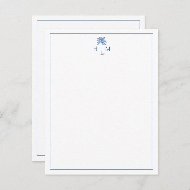 Blue and White Palm Palmetto Tree Monogram Note Card (Front/Back)