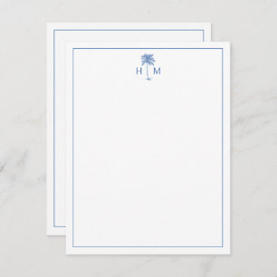 Blue and White Palm Palmetto Tree Monogram Note Card