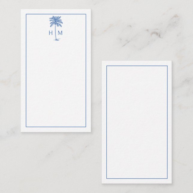 Blue and White Palm Palmetto Tree Monogram Note Card (Front/Back)