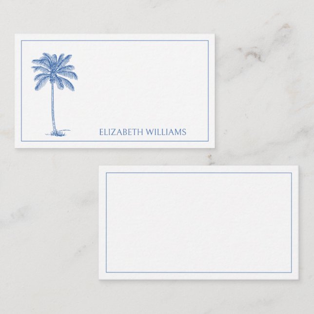 Blue and White Palm Palmetto Tree Monogram Note Card (Front/Back)