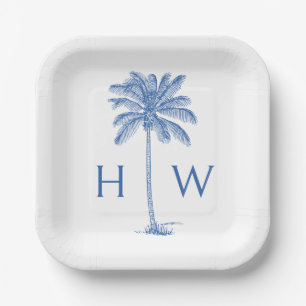 Blue and White Palm Palmetto Tree Monogram Paper Plates